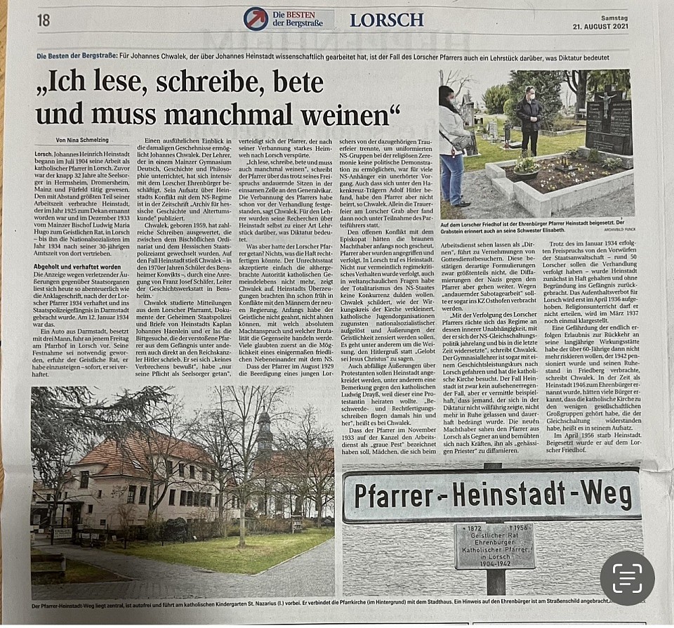 Bergsträßer Anzeiger, Artikel über Pfarrer Johannes Heinrich Heinstadt (1872-1956)